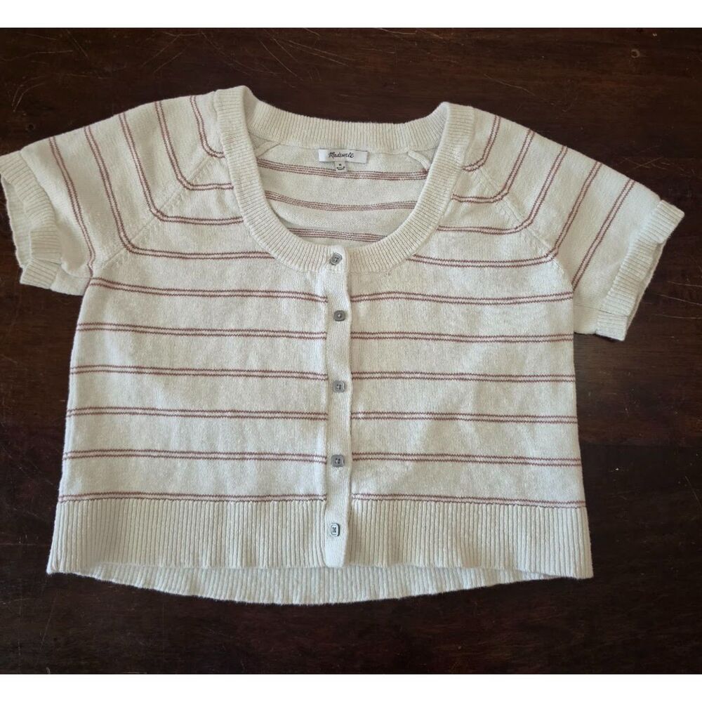 Madewell Cropped Linden Sweater Striped Womens S Beige Scoop Neck Button Front